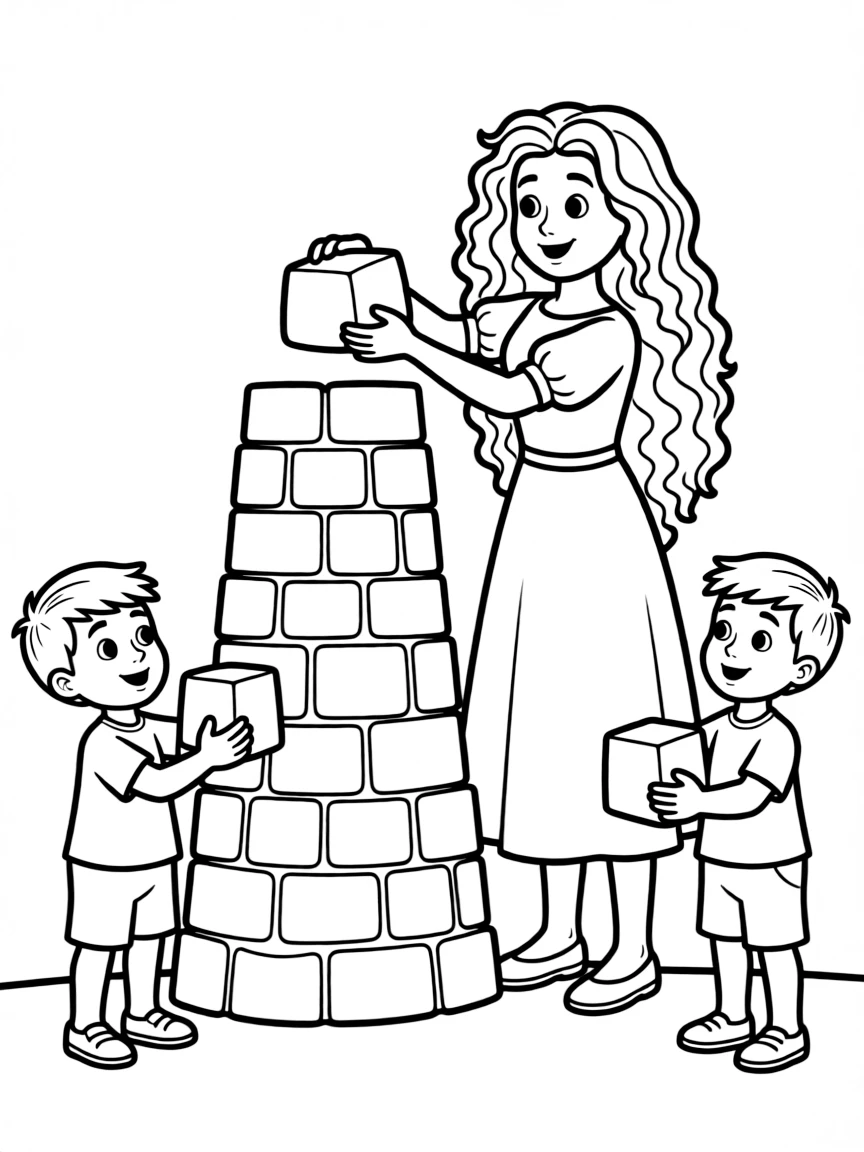 Merida showing her little brothers how to build a stone tower, with a grin.