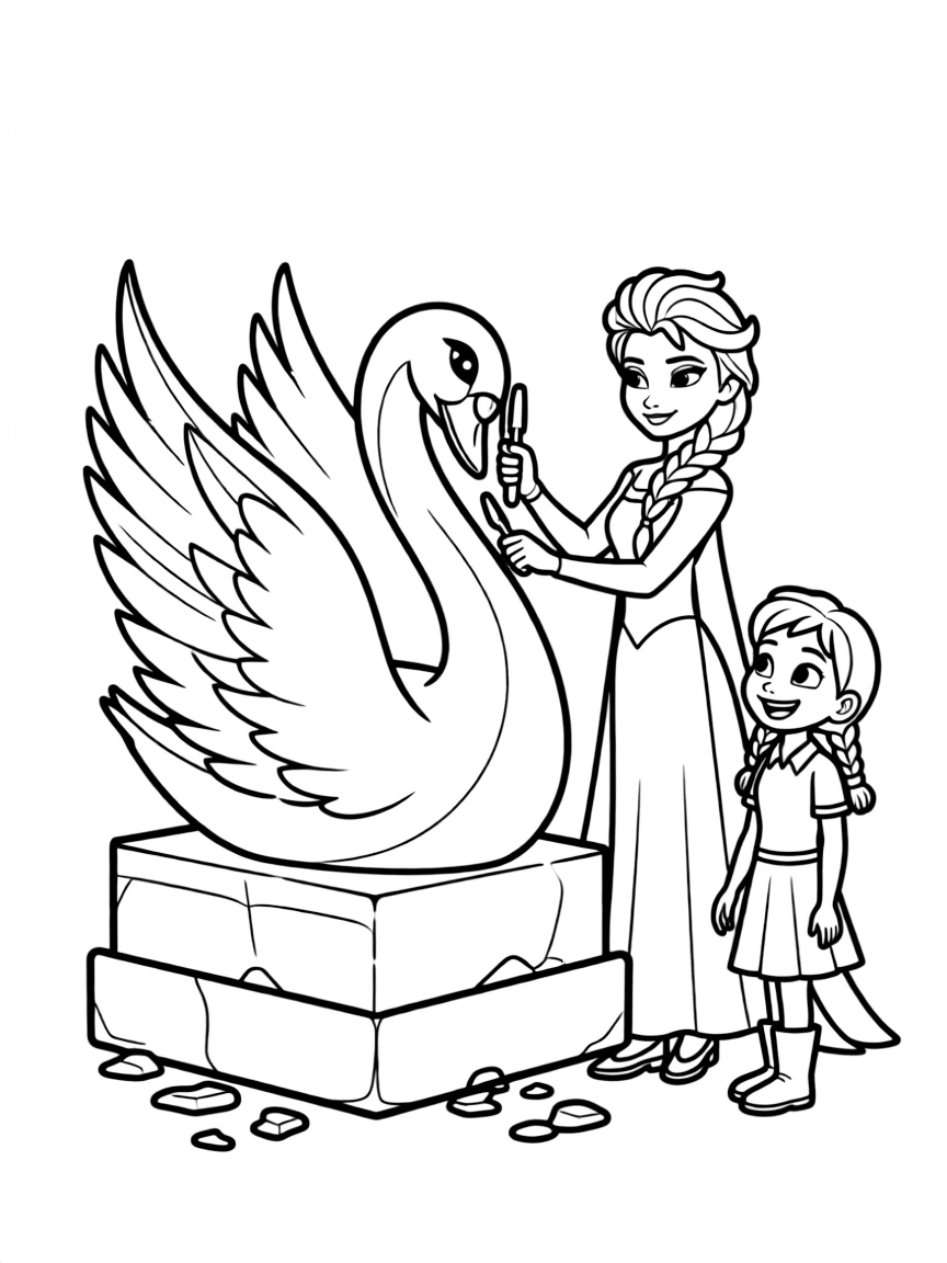 Elsa creating a majestic ice sculpture of a swan for Anna.