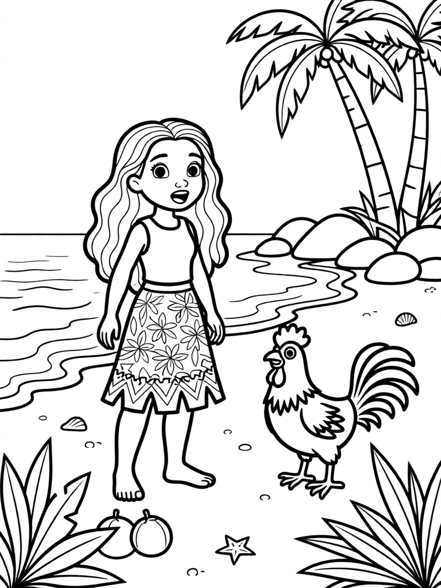 Moana and Heihei exploring a new, untouched island, looking amazed.
