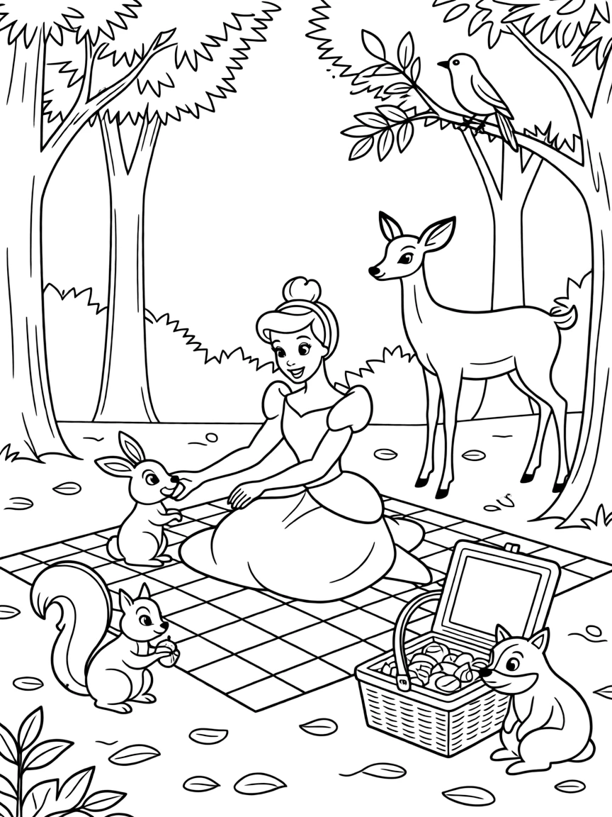 A Disney princess having a picnic with all her animal sidekicks in a sun-dappled glade.