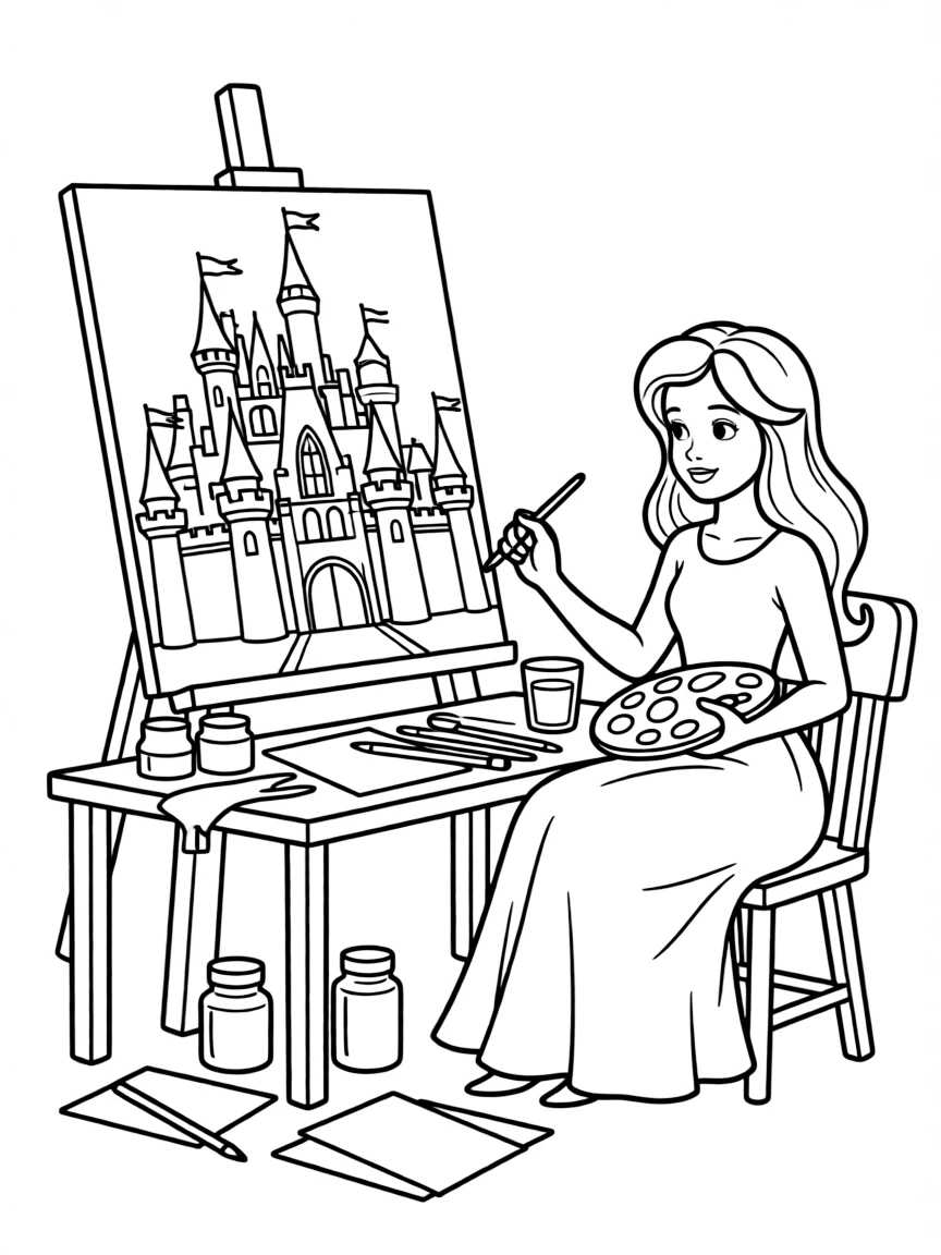 A Disney princess drawing a portrait of her castle, surrounded by art supplies.