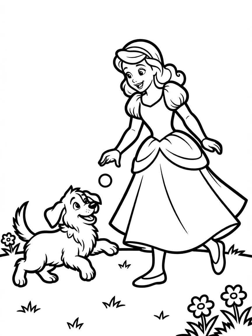 A Disney princess playing a joyful game of fetch with a fluffy puppy.