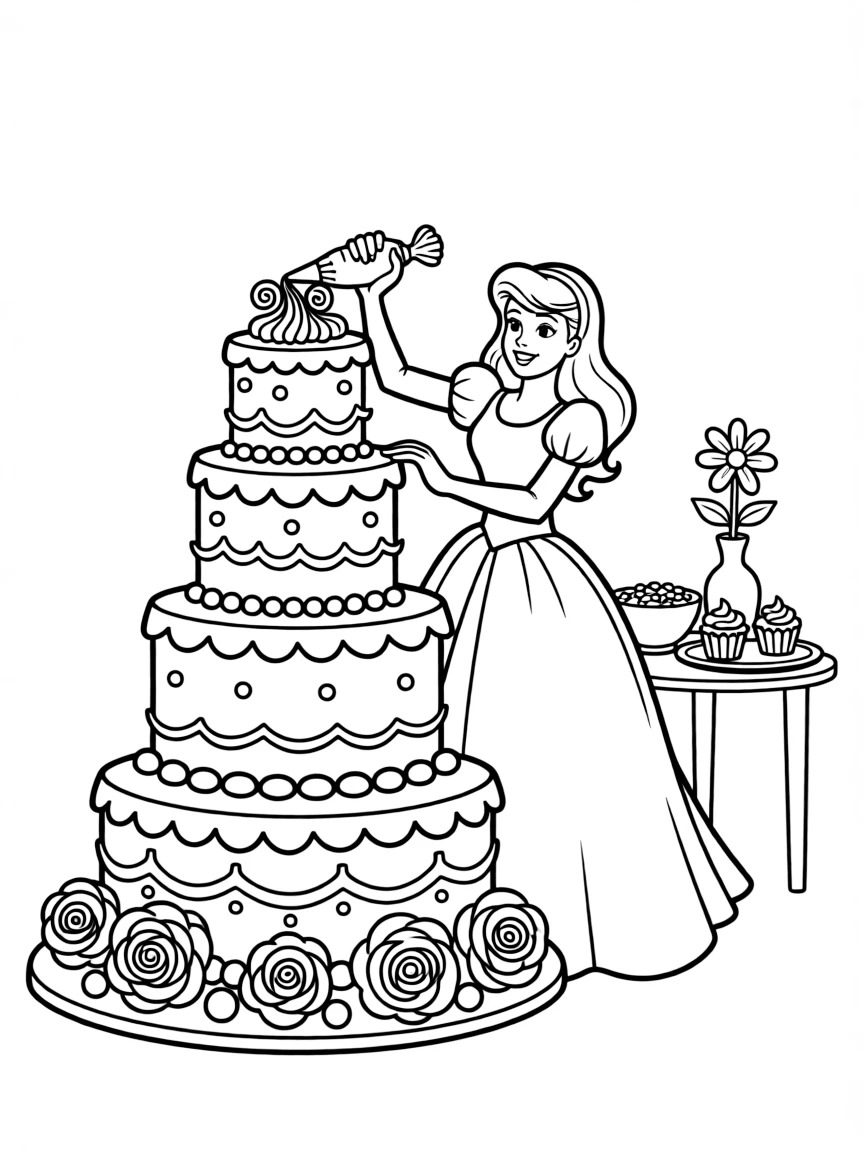A Disney princess decorating a gigantic, colorful birthday cake.