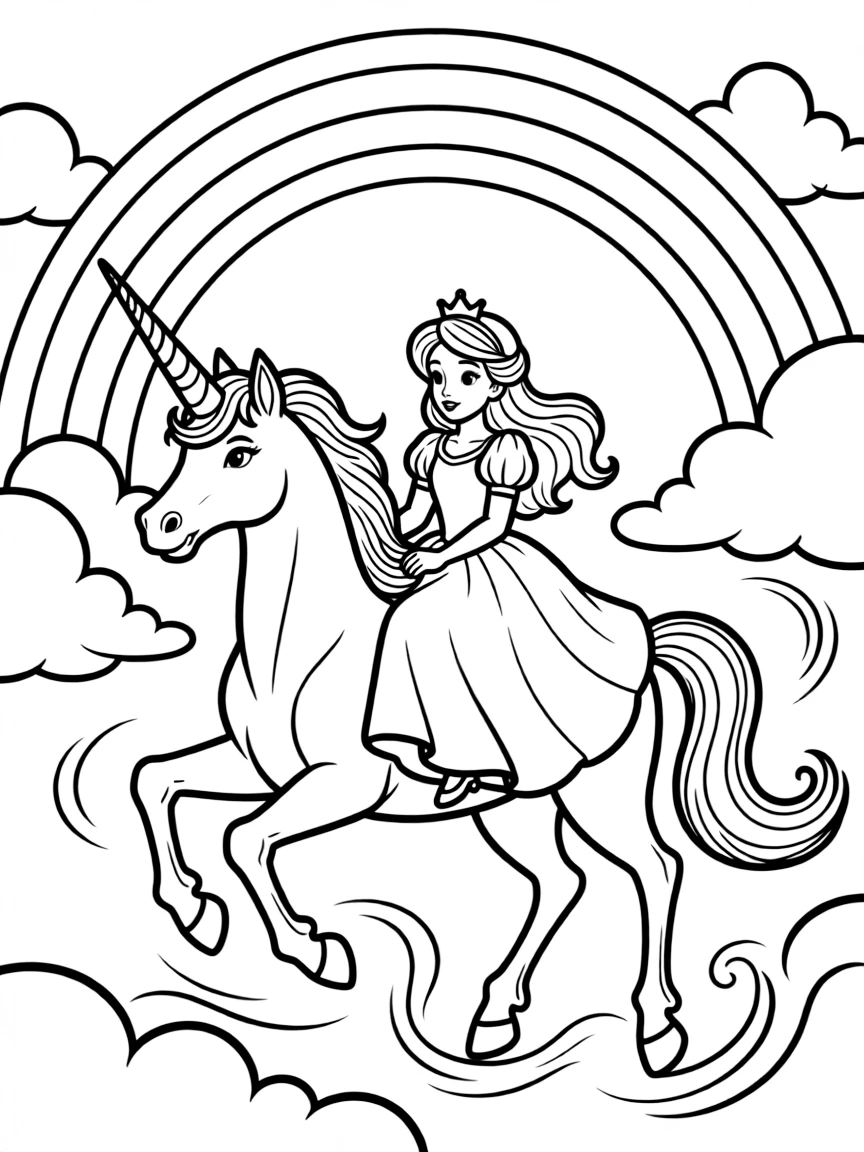 A Disney princess riding a magnificent unicorn through a rainbow-filled sky.