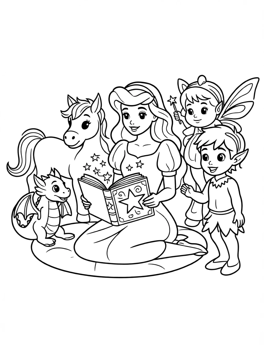 A Disney princess reading a magical storybook to a group of enchanted creatures.