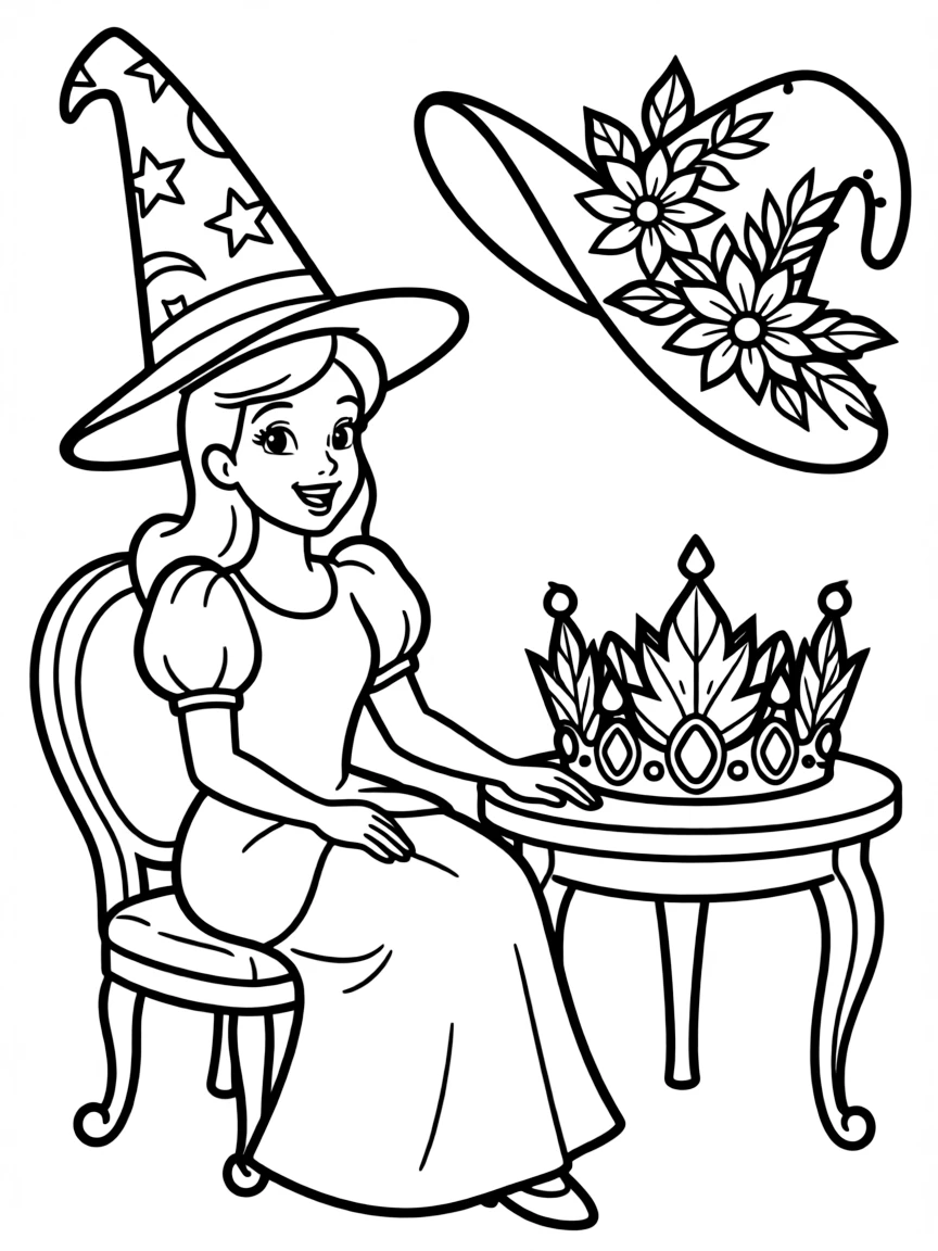 A Disney princess trying on different fantastical hats, looking silly and fun.