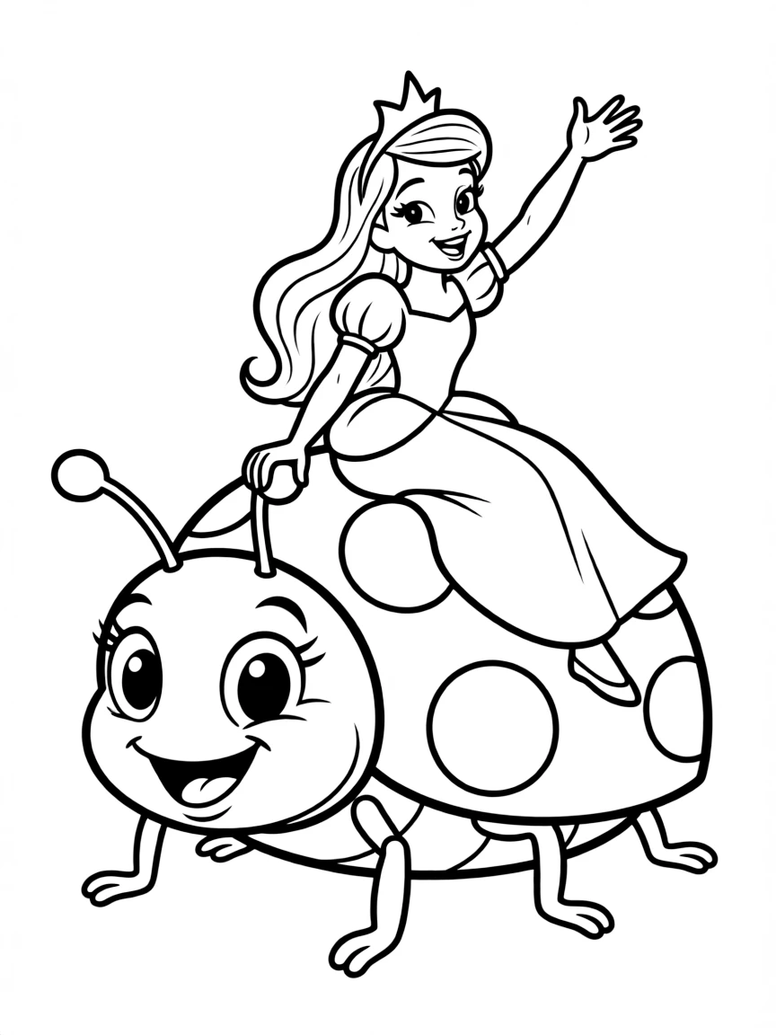 A Disney princess flying on a giant, friendly ladybug, waving cheerfully.