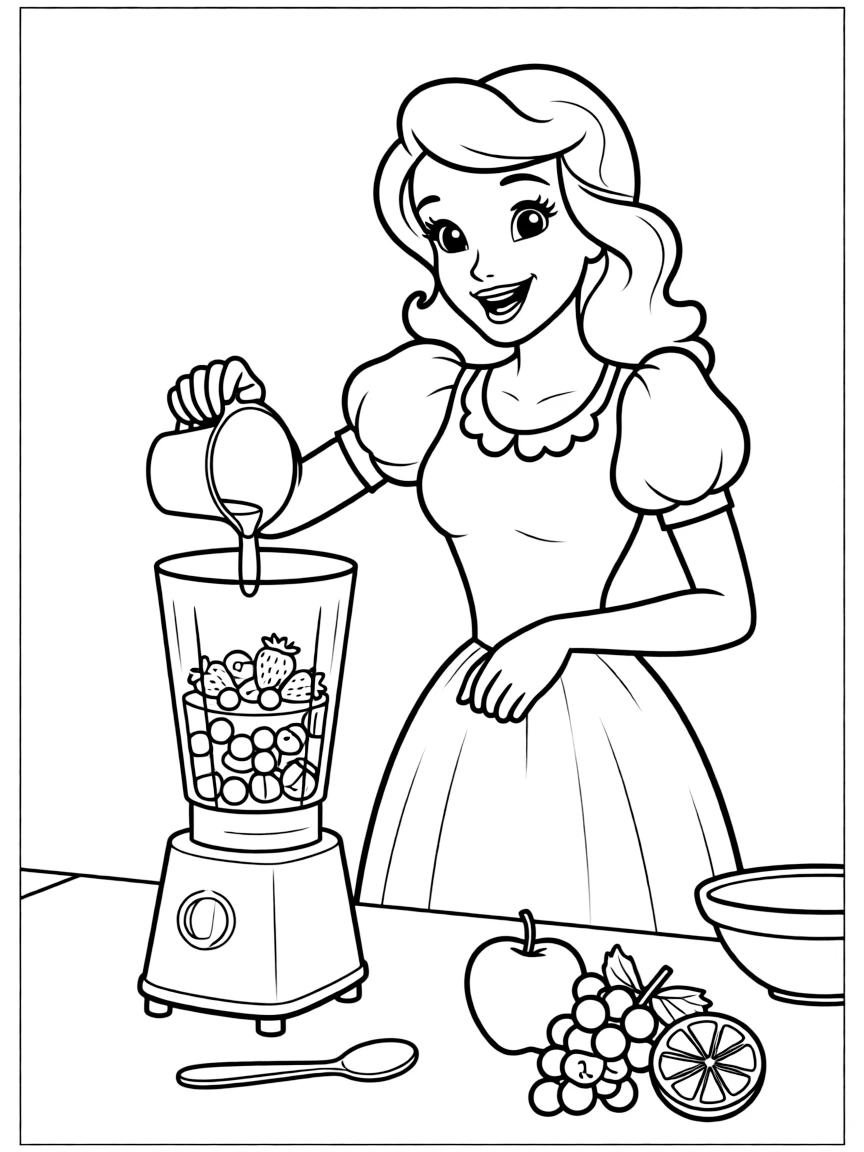 A Disney princess making a delicious, fruity smoothie with a blender.
