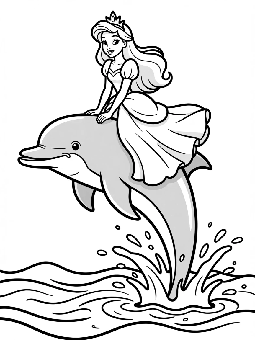 A Disney princess riding a graceful dolphin through sparkling ocean waves.