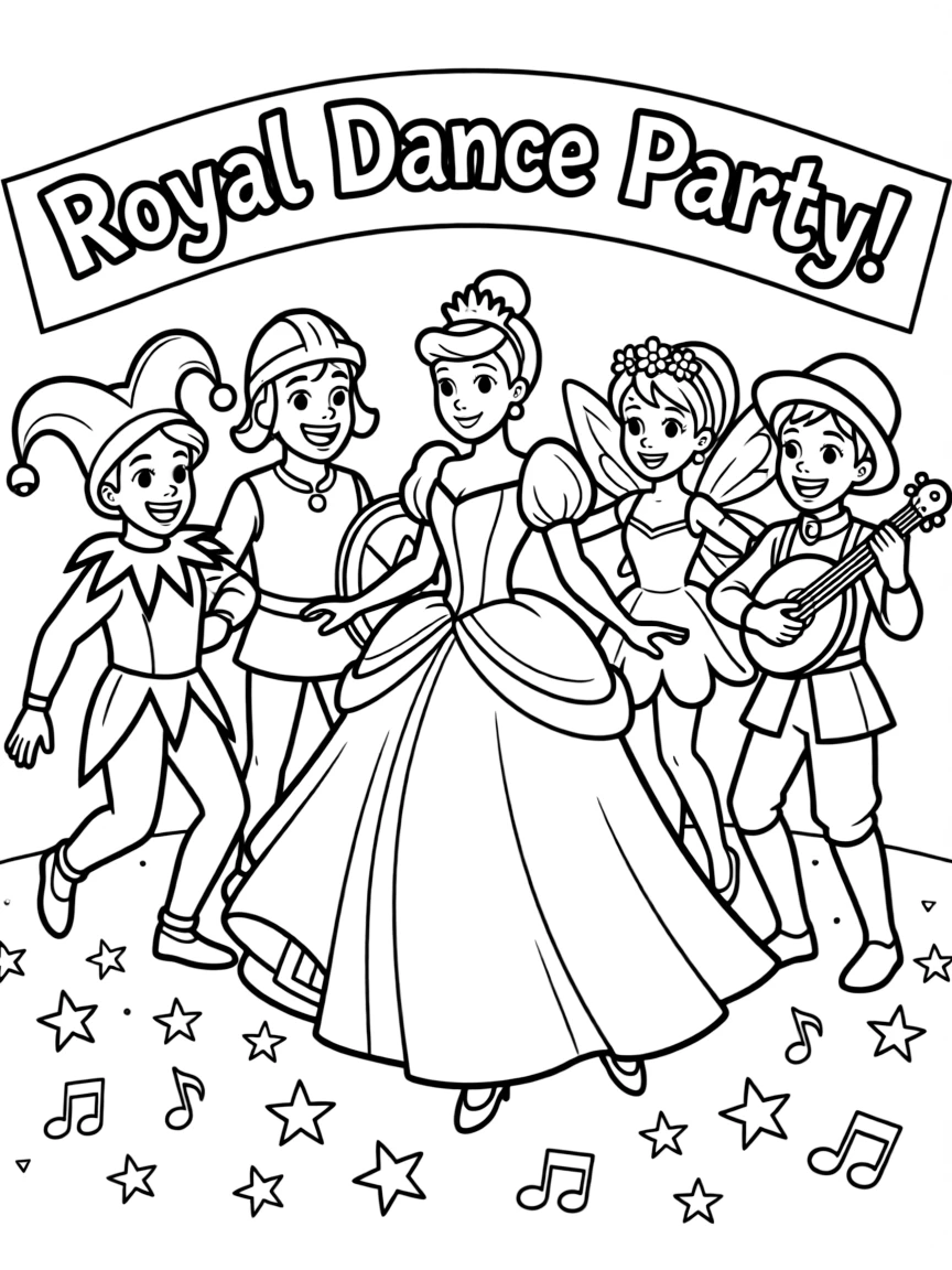 A Disney princess having a dance party with her royal court, all in fun costumes.