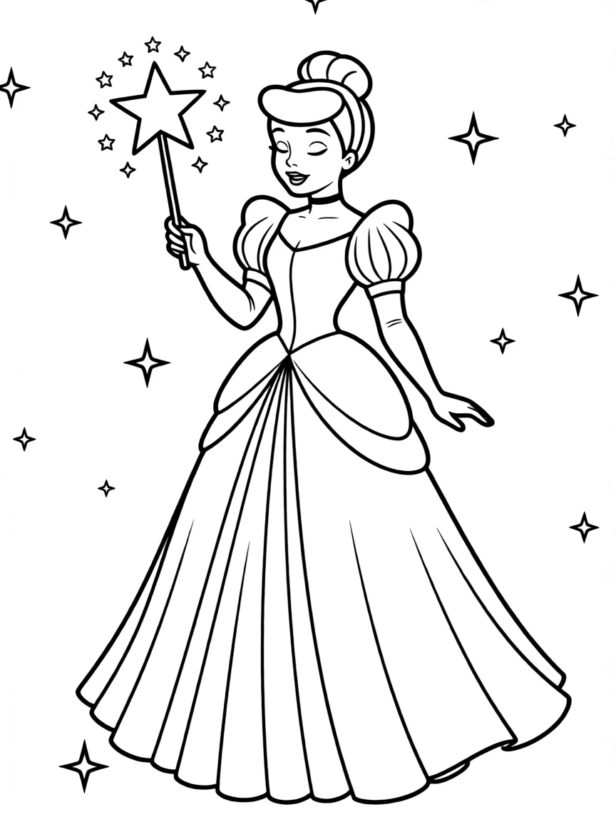 A Disney princess making a wish on a magical star, holding a sparkling wand.