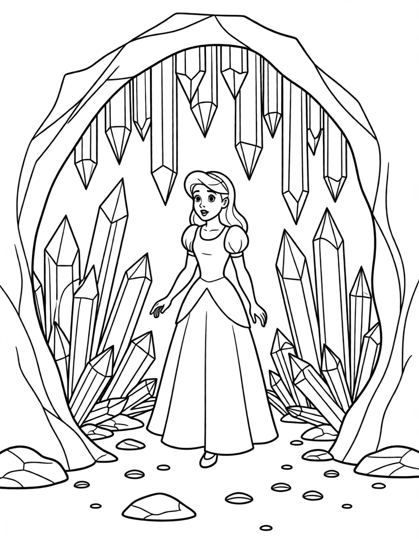 A Disney princess exploring a hidden cave filled with shimmering crystals.
