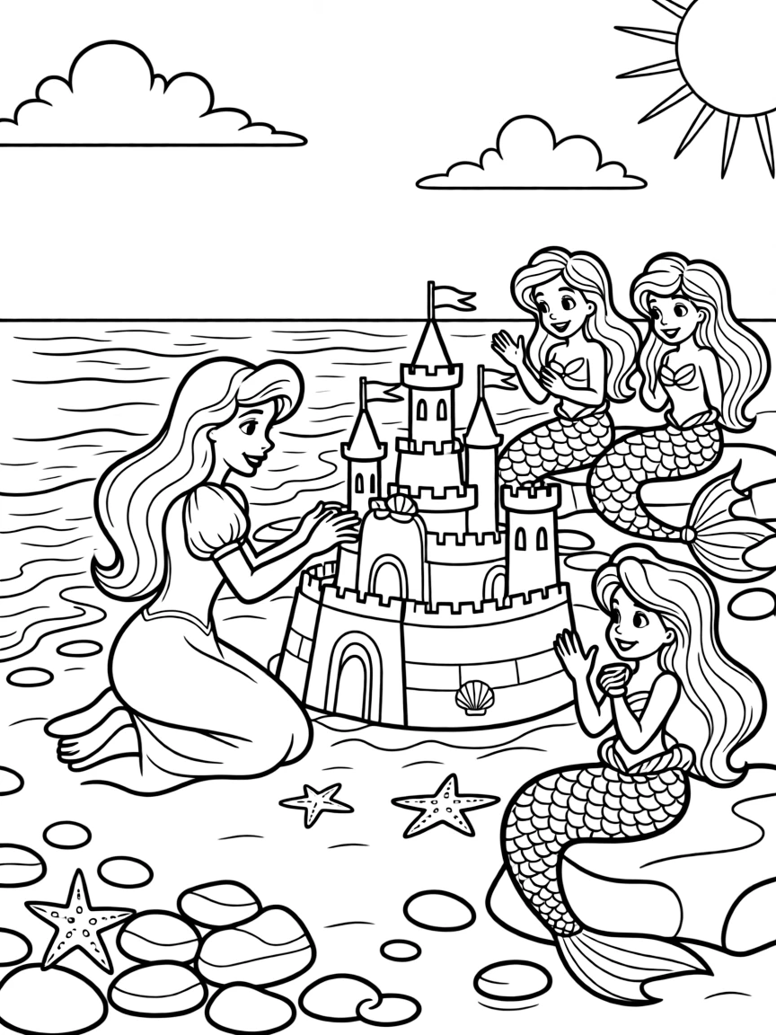 A Disney princess building a sandcastle on a magical beach, with mermaids watching.