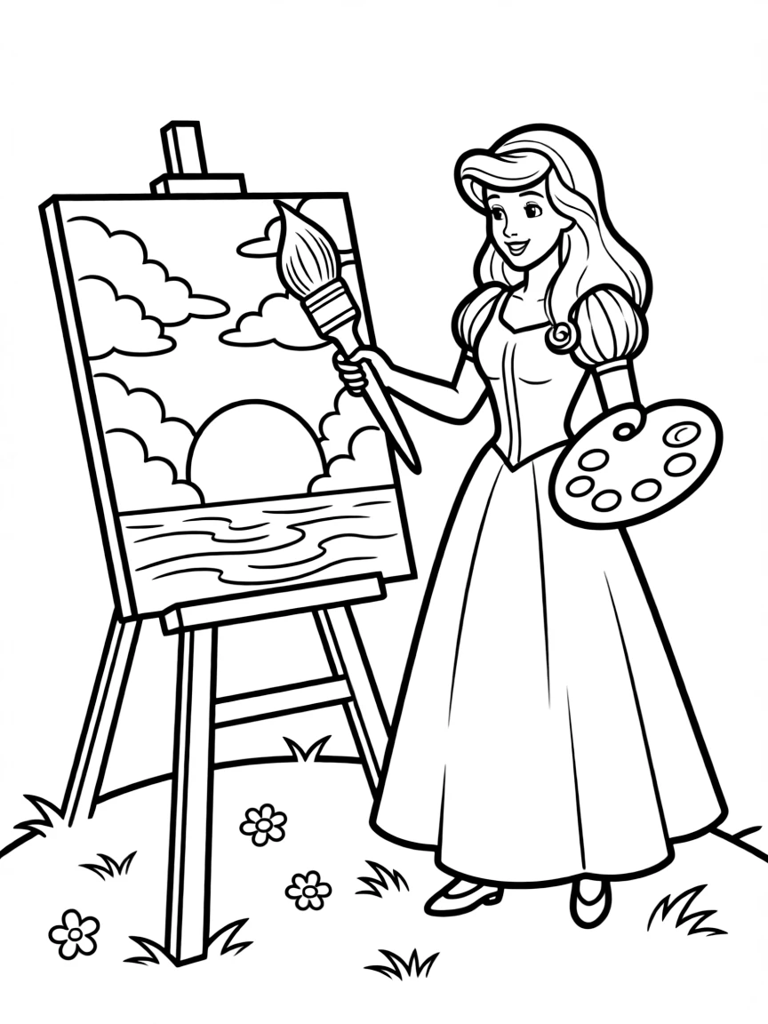 A Disney princess painting a beautiful sunset, with vibrant, swirling colors.