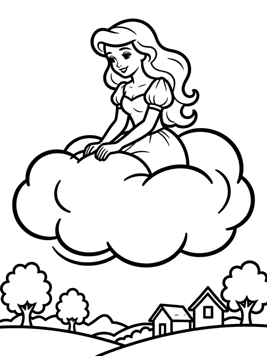 A Disney princess riding a friendly cloud, looking down at the world.