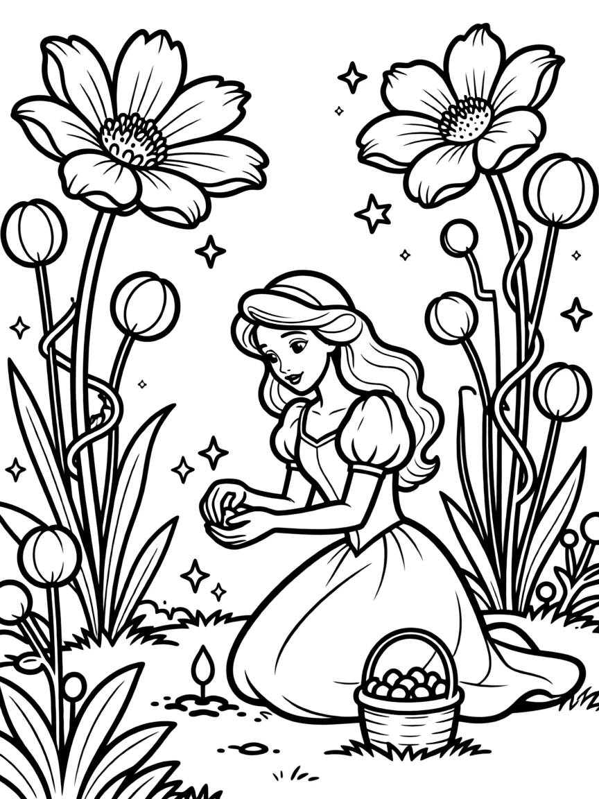 A Disney princess planting glowing seeds in a magical garden.