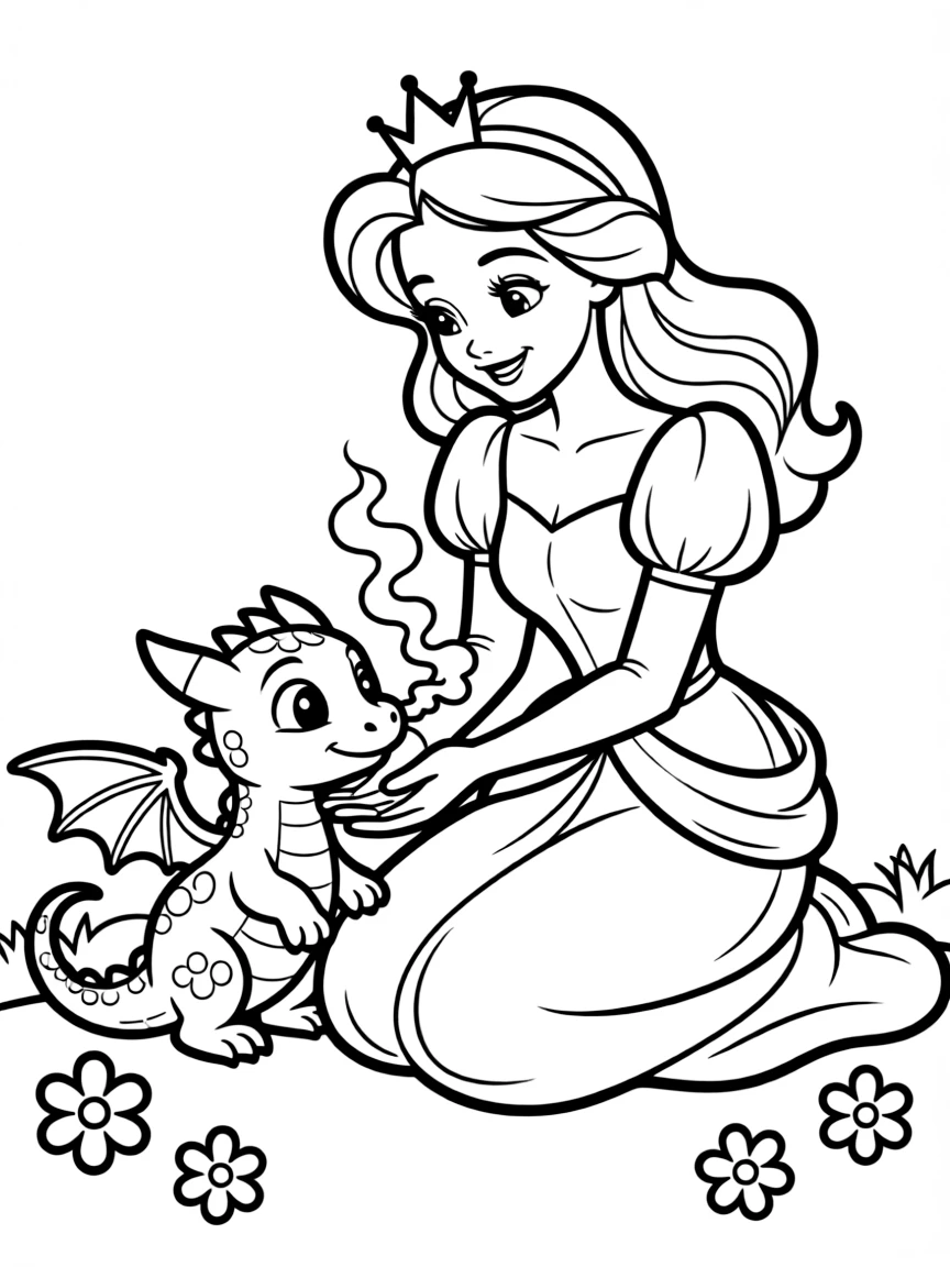 A Disney princess with a pet baby dragon, teaching it to breathe tiny smoke rings.