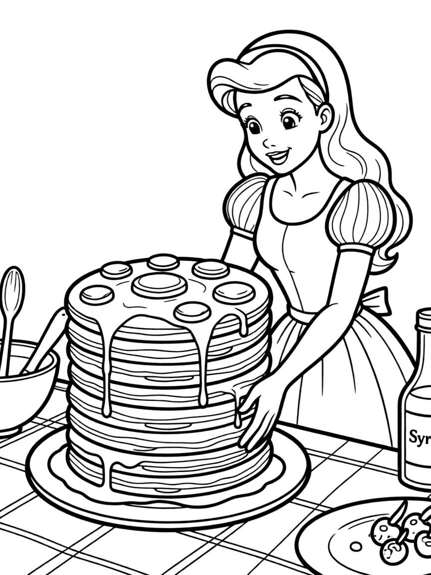 A Disney princess making a delicious, towering stack of pancakes.