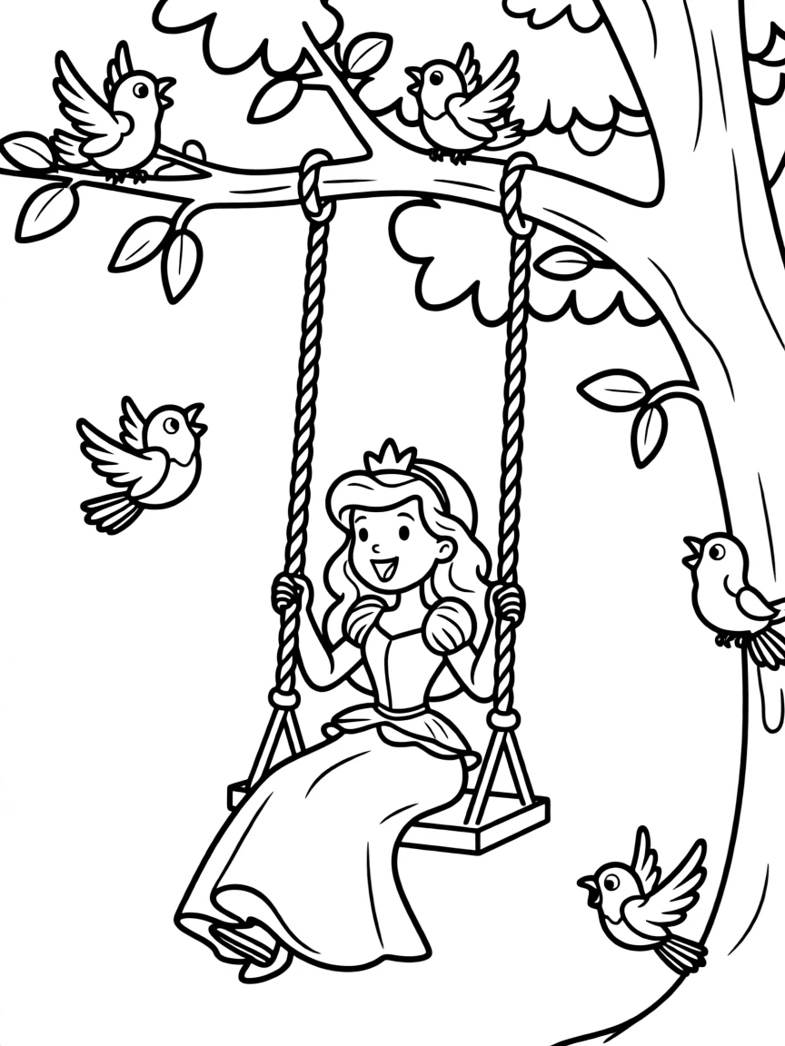 A Disney princess on a swing, high up in a tree, with singing birds.