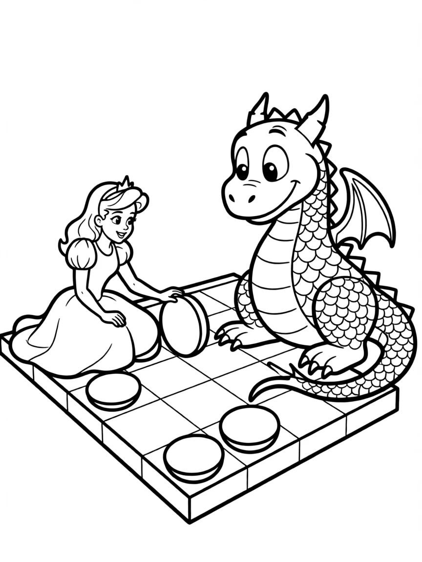 A Disney princess playing a giant game of checkers with a smiling dragon.
