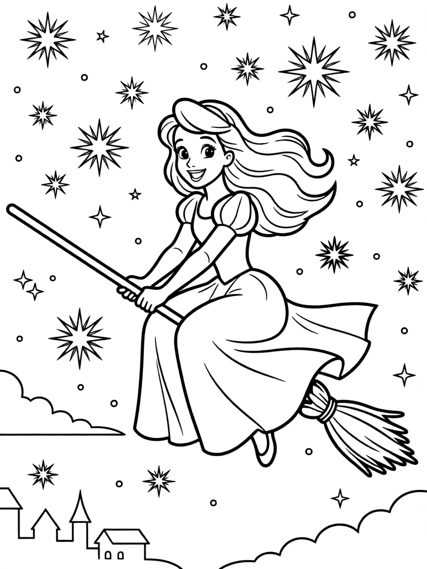 A Disney princess riding a magic broomstick through a starry night sky.