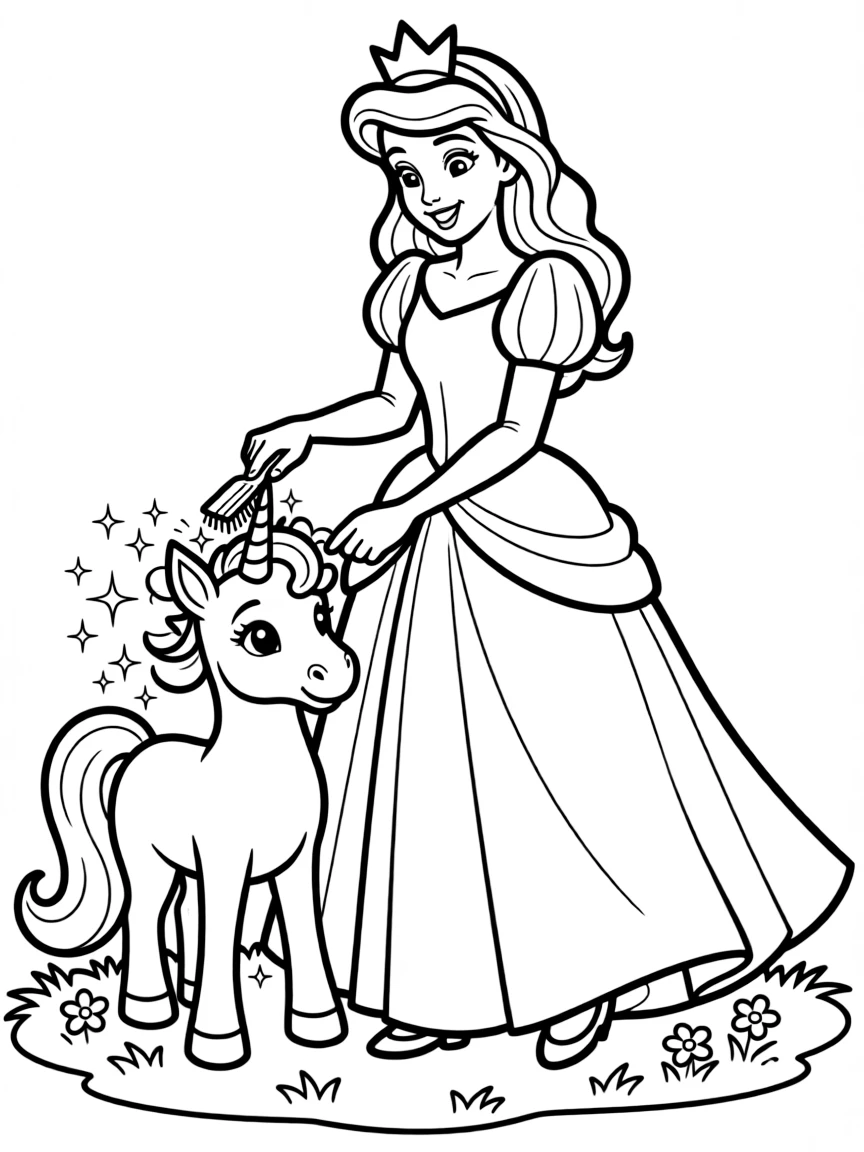 A Disney princess with a pet baby unicorn, brushing its sparkling mane.