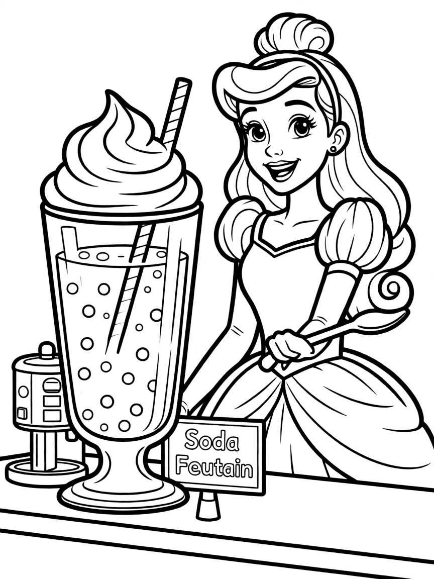 A Disney princess making a delicious, bubbly soda fountain drink.