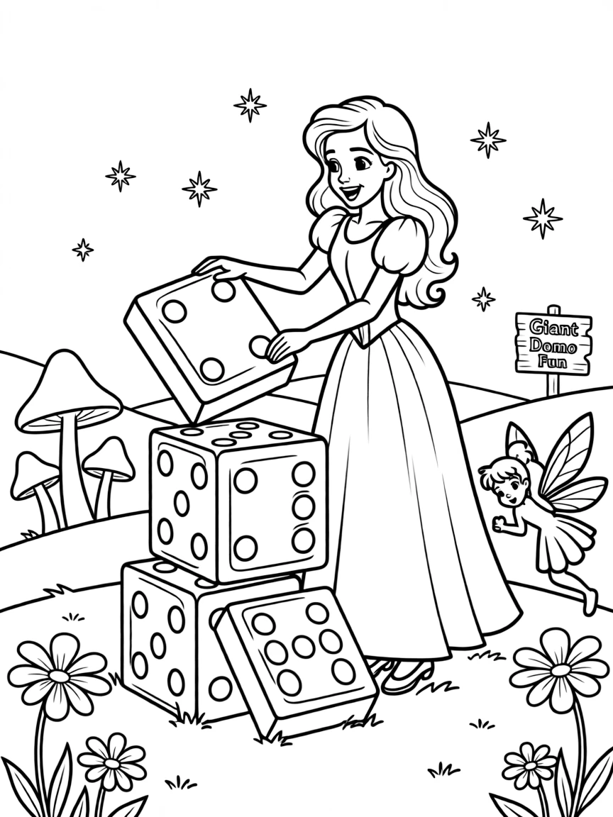 A Disney princess playing a game of giant dominoes in a whimsical setting.