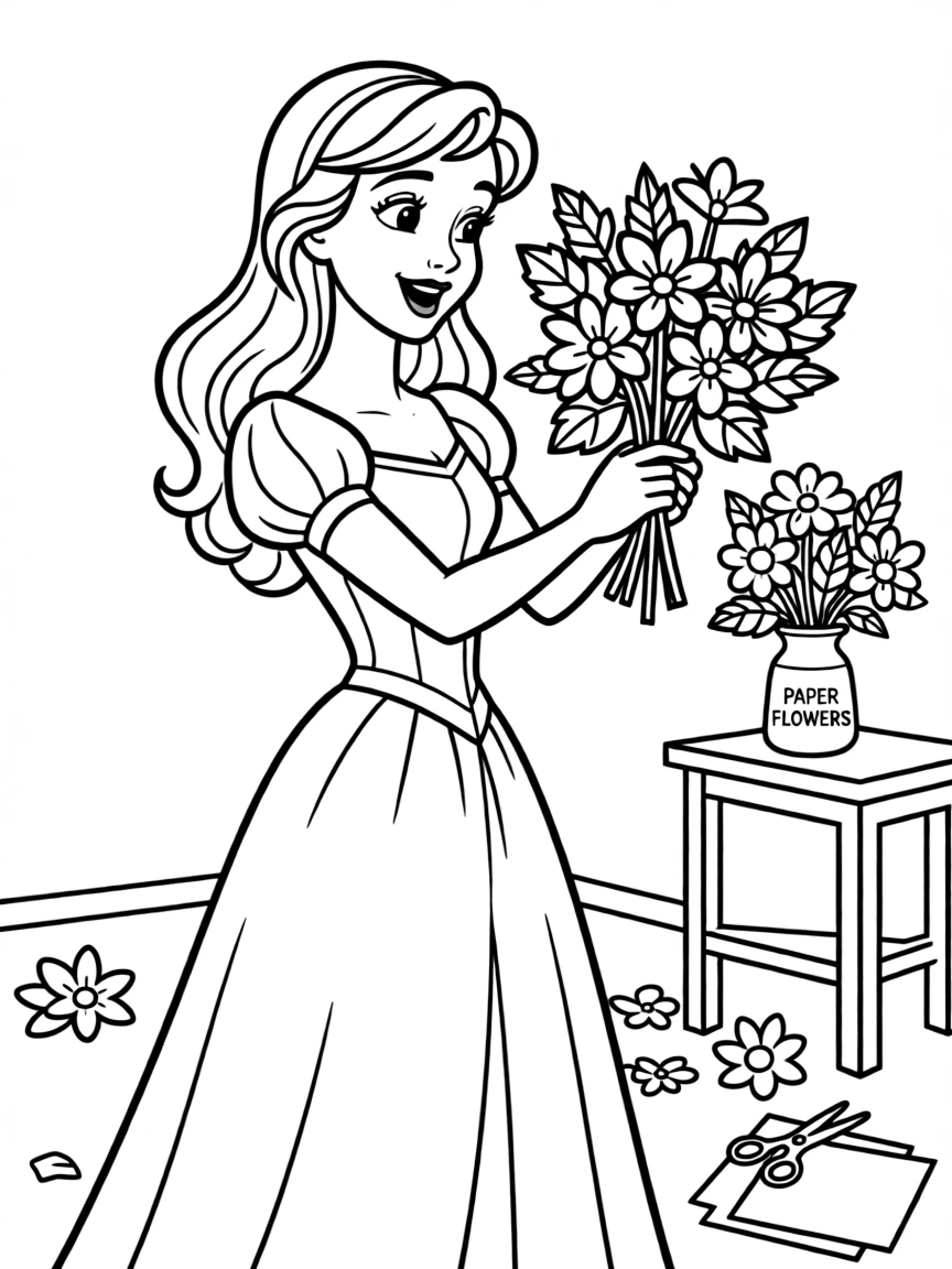 A Disney princess making a beautiful paper flower bouquet.