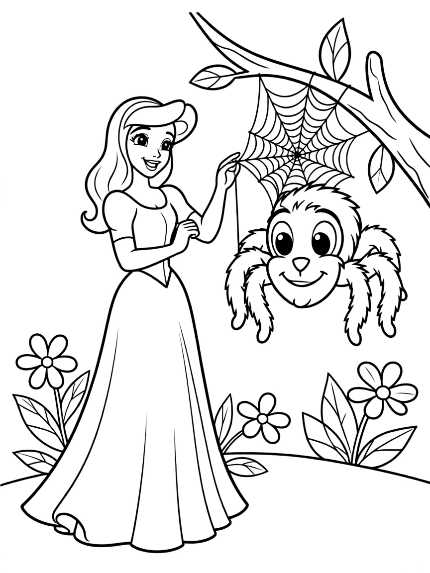 A Disney princess with a pet friendly spider, spinning a web.