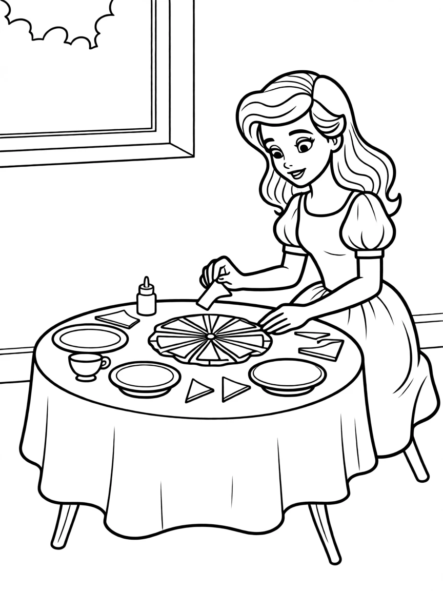 A Disney princess making a beautiful mosaic with colorful broken dishes.