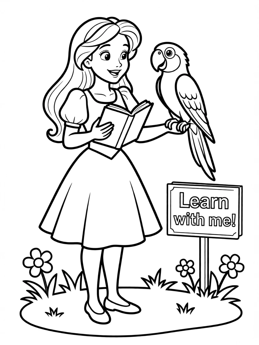A Disney princess with a pet talking parrot, teaching it words.