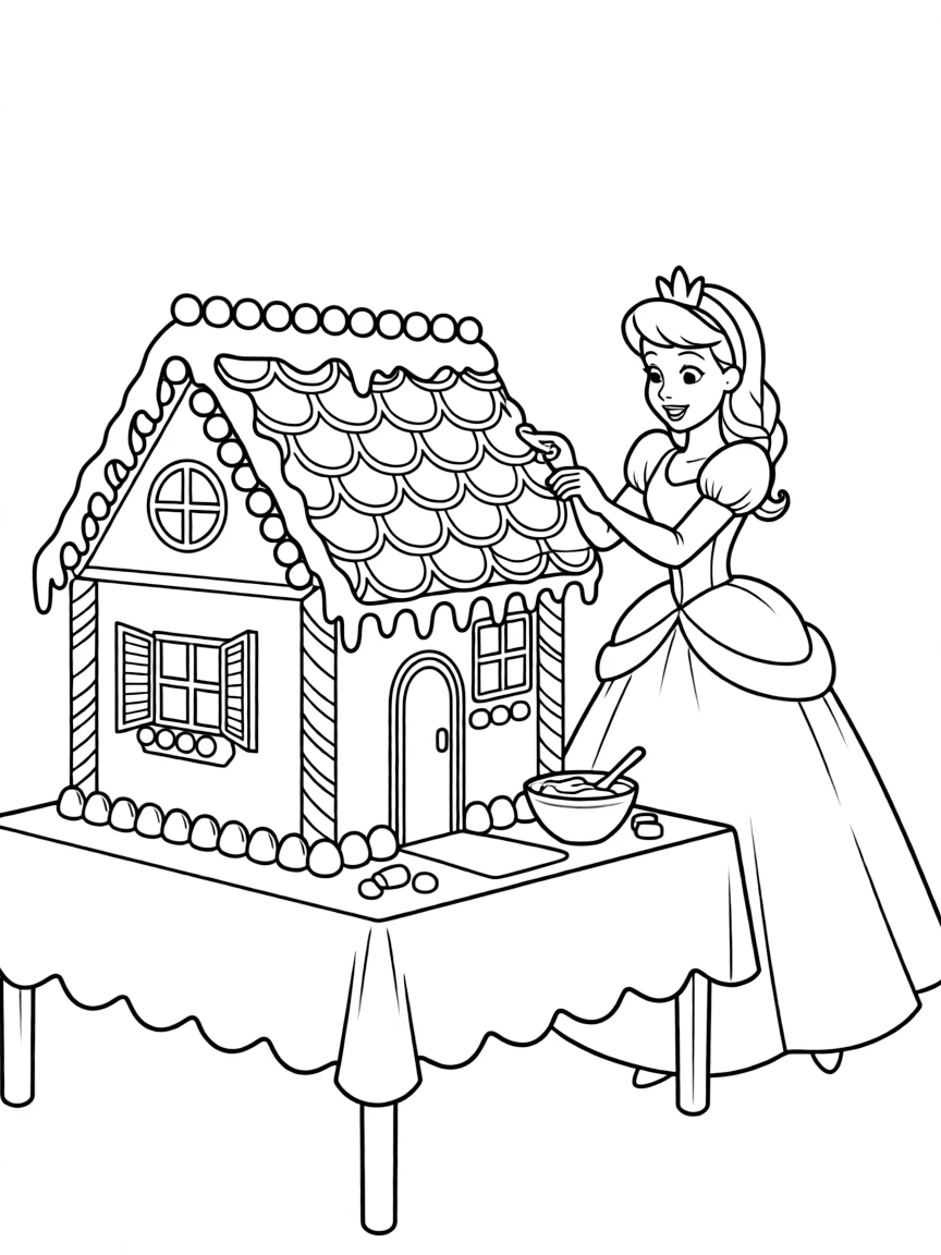 A Disney princess making a delicious, frosted gingerbread house.