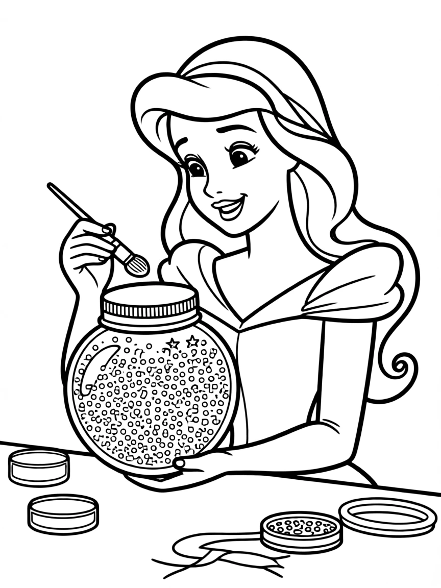 A Disney princess making a beautiful, sparkling glitter jar.