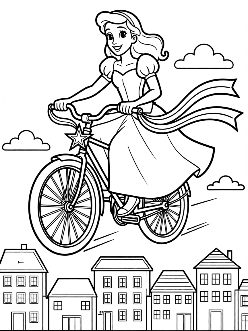 A Disney princess on a magic flying bicycle, soaring over a city.