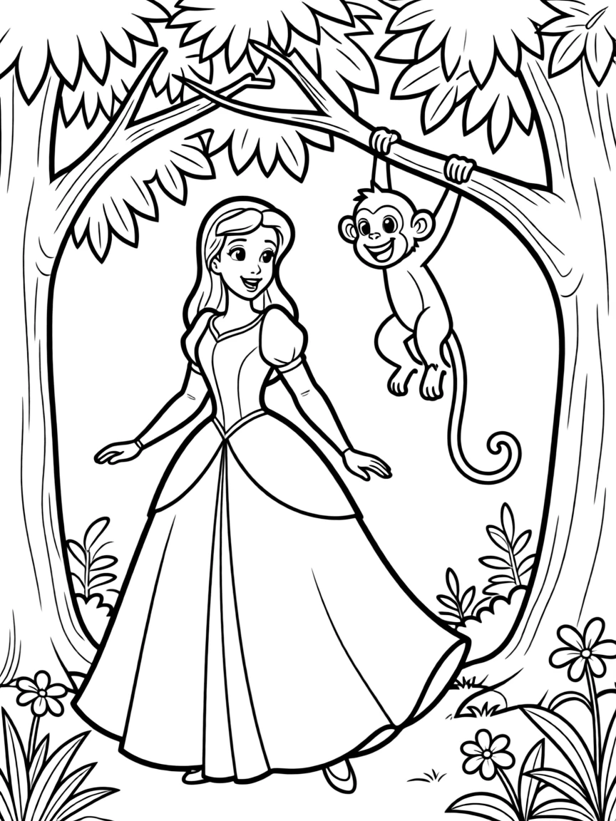 A Disney princess with a pet playful monkey, swinging from trees.