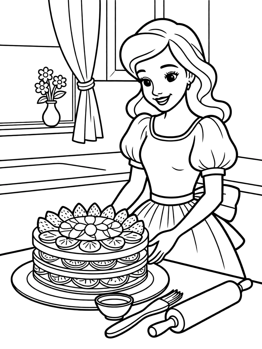 A Disney princess making a delicious, layered fruit tart.