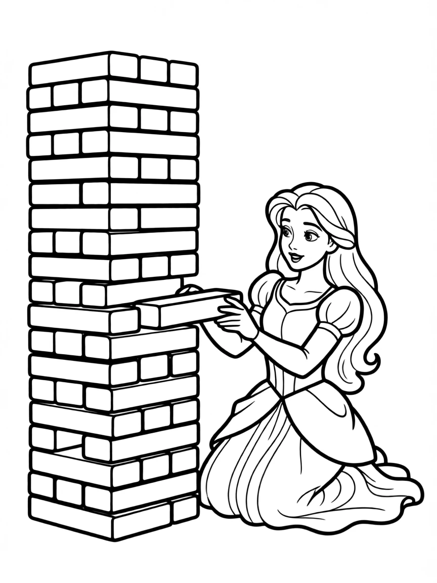A Disney princess playing a game of giant Jenga, carefully removing blocks.