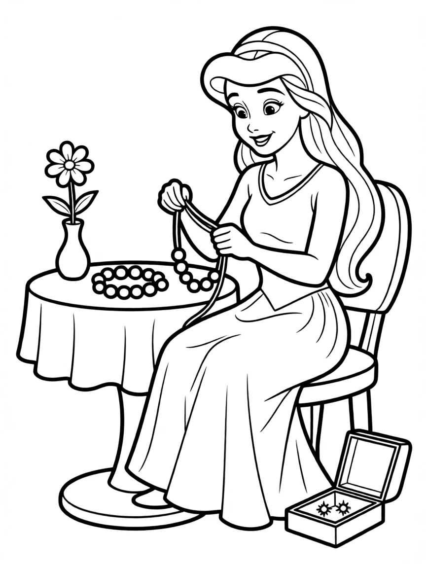 A Disney princess making a beautiful, beaded necklace.
