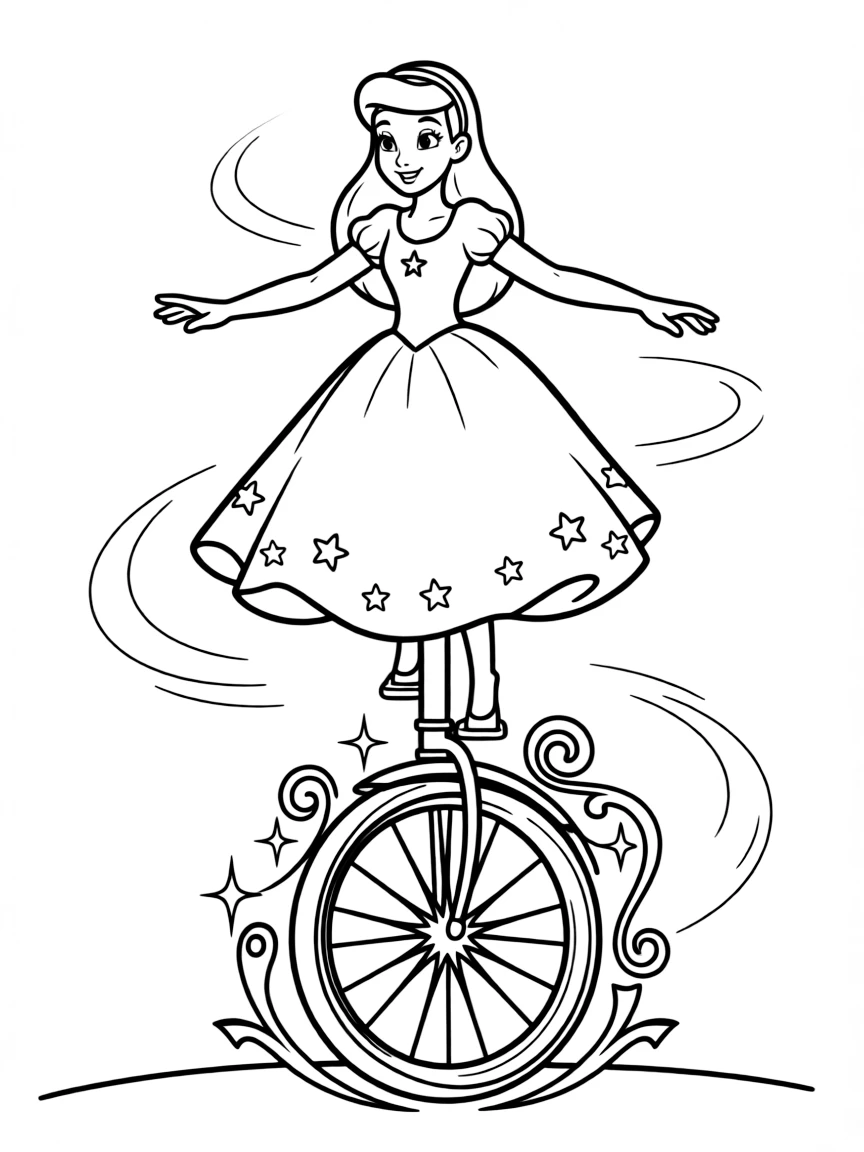 A Disney princess on a magical unicycle, balancing carefully.