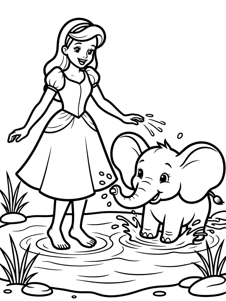A Disney princess with a pet baby elephant, splashing in water.