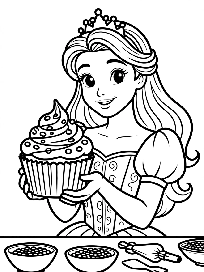 A Disney princess making a delicious, frosted cupcake with sprinkles.