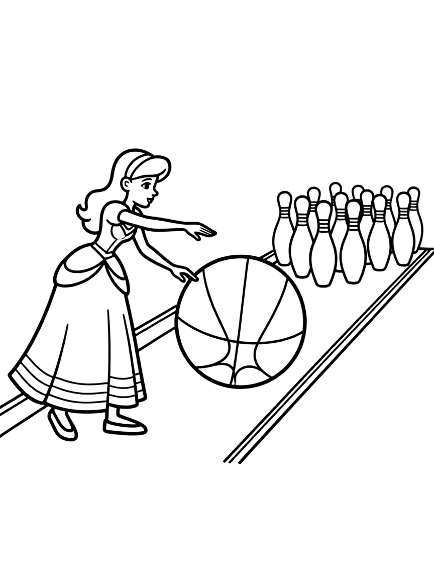 A Disney princess playing a game of giant bowling, aiming carefully.