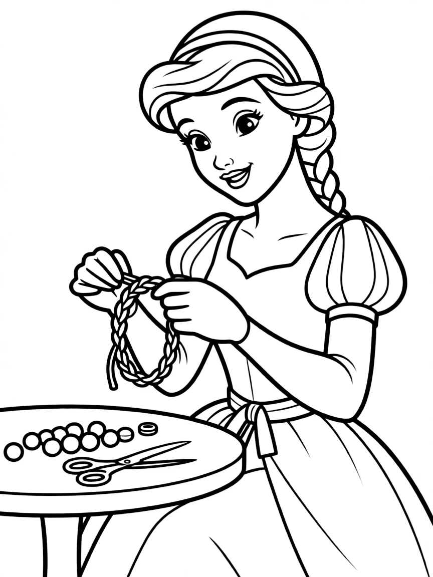 A Disney princess making a beautiful, braided friendship bracelet.