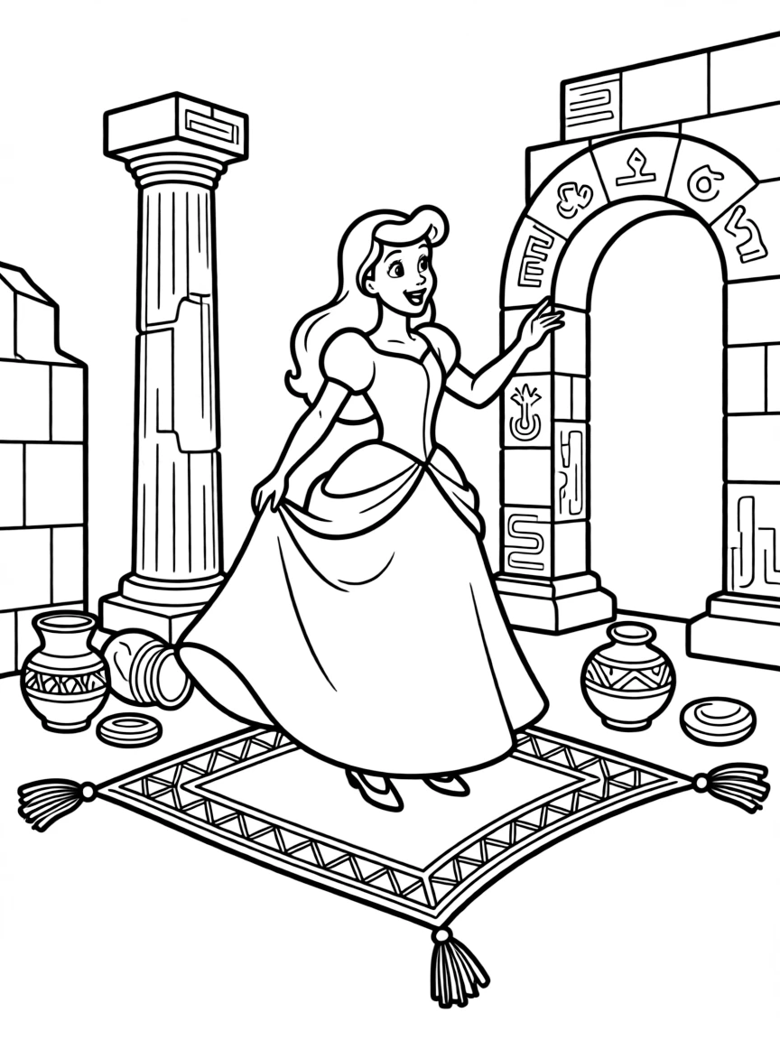 A Disney princess on a magic carpet, exploring ancient ruins.