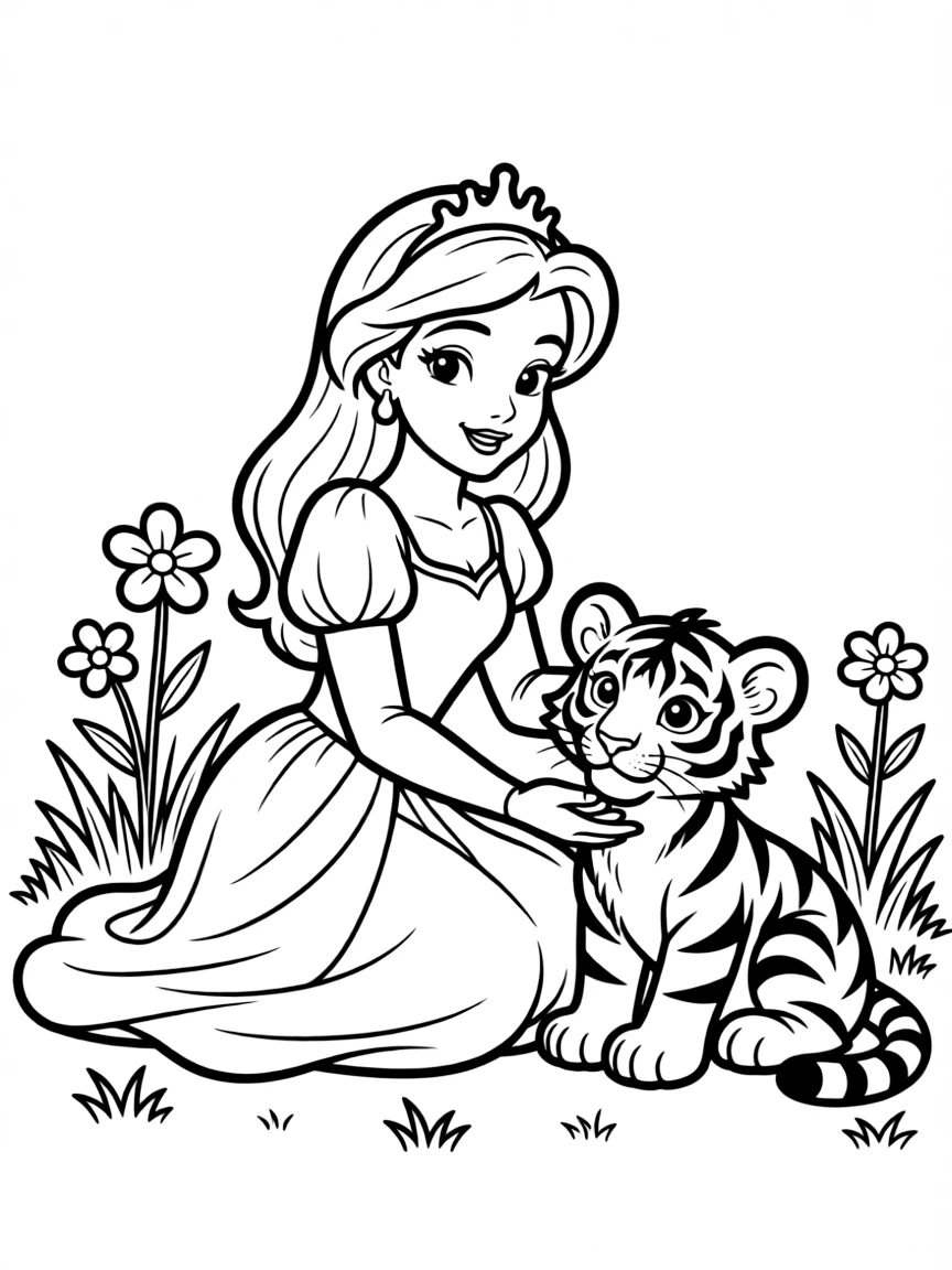 A Disney princess with a pet baby tiger, playing gently.