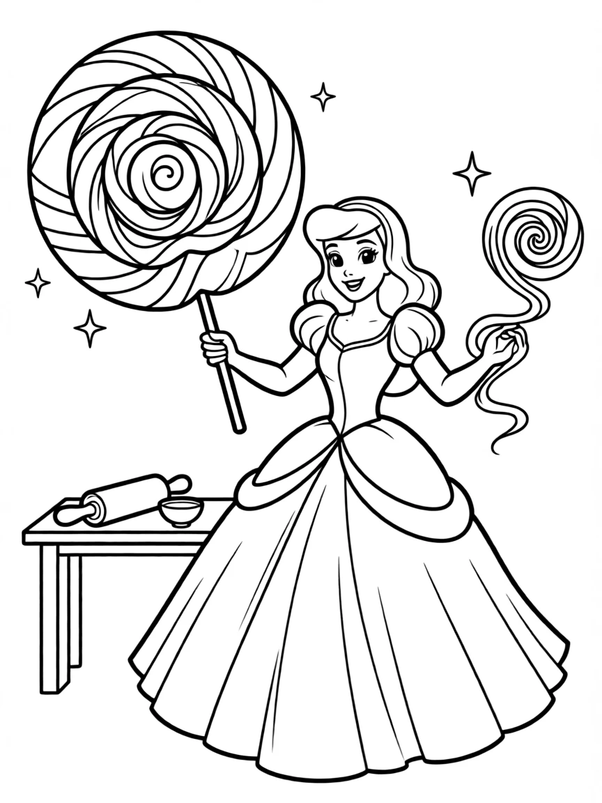 A Disney princess making a delicious, swirly lollipop.