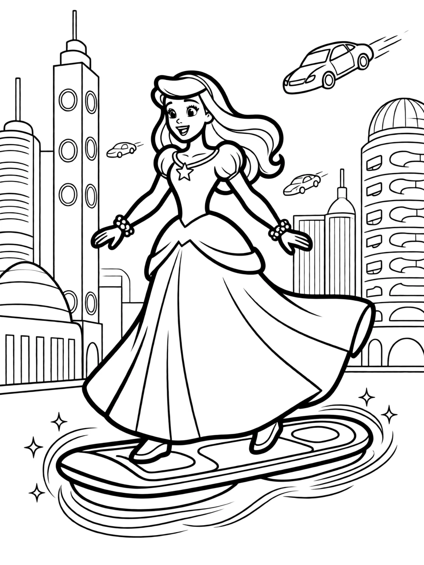 A Disney princess on a magical hoverboard, zooming through a futuristic city.