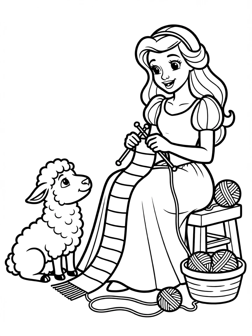 A Disney princess with a pet fluffy sheep, knitting a scarf.