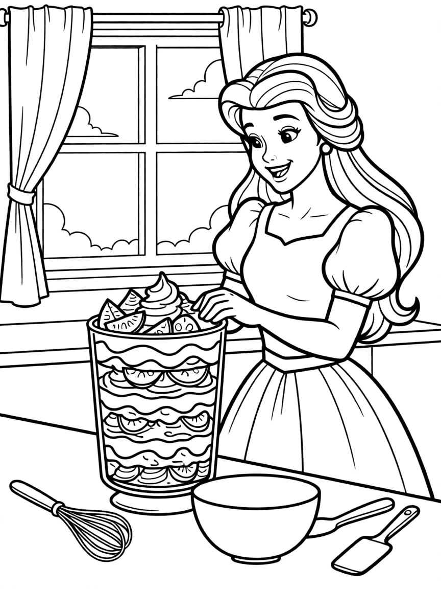 A Disney princess making a delicious, layered trifle dessert.